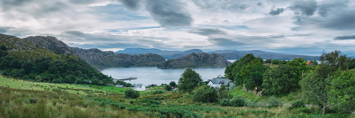 Panoramic view of Diabaig village with Loch Torridon on the North-West of Scotland. Scottish Highlands, UK, Europe