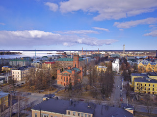 View over town of Vaasa, Finland in late spring with the sea still frozen.