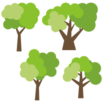 Set of four different cartoon green trees isolated on white background. Vector illustration
