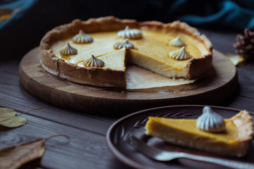 pumpkin tart and autumn leaves