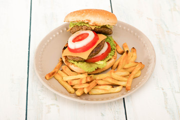 hamburger on plate with french-fries