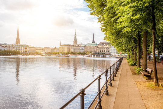 View on the Alster Lake with old city centre and park in Hamburg, Germany