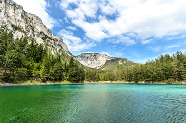 The famous "Gr&uuml;ner See / Green lake" and the Messnerin mountain in the "Hochschwab" mountain range, Styria, Austria on a beautiful day