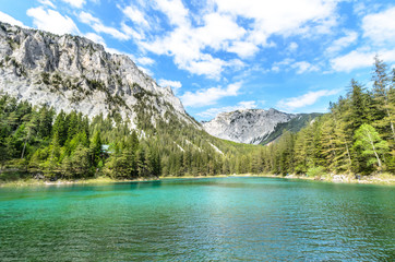 The famous "Grüner See / Green lake" and the Messnerin mountain in the "Hochschwab" mountain range, Styria, Austria on a beautiful day