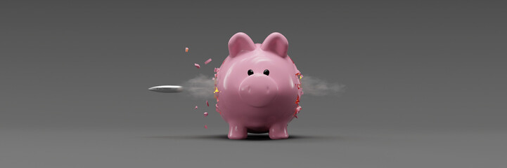 Piggy bank hit by a bullet as financial concept 3d rendering