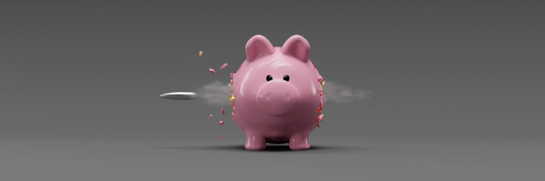 Piggy bank hit by a bullet as financial concept 3d rendering