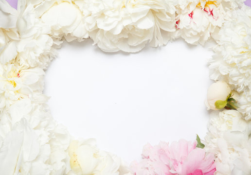 A delicate floral frame made of white peony flowers.