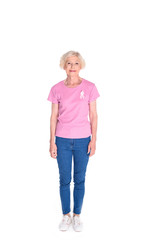 Fototapeta premium senior woman in pink t-shirt with ribbon