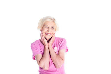 senior woman in pink t-shirt