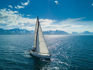 Obraz premium Aerial view of sailing yacht in Norway