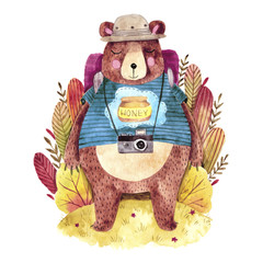 Obraz premium Cute big bear with backpack. Hand drawn watercolor illustration with traveling bear. Cute plants on background.