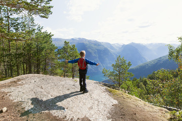 little boy travel hiking in Norway looking at scenic view