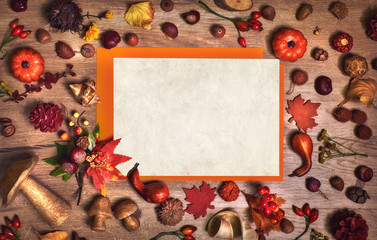 Fall background and mockup with blank paper and  Autumn decorations