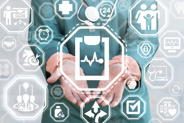 Cardiogram Health Care concept. Woman doctor offers heart graph line clipboard on a virtual interface.