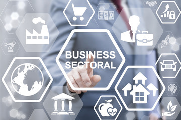 Man presses business sectoral text button on a virtual screen. BSC - Business Sectoral concept.