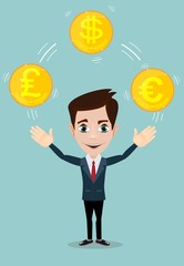 Cartoon businessman juggling with gold coins with different currency symbols. Vector illustration on business dealing with foreign exchange concept