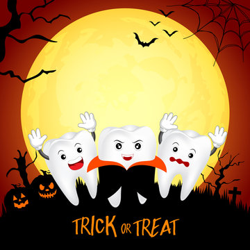 Funny cute cartoon tooth character. Dracula in moon night, happy Halloween concept. Design for banner, poster, greeting card. Illustration.