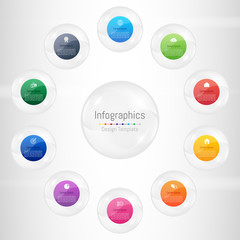 Infographic design elements for your business data with 10 options, parts, steps, timelines or processes. Transparent glass sphere concept, Vector Illustration.