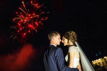 The bride and groom looking salute in the night. Walk the newlyweds. Wedding day. The best day of a young couple.