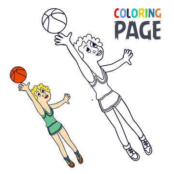 coloring page with woman baskket ball player cartoon