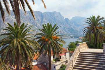 Fototapeta na wymiar View of seaside Prcanj town from the stairs of the Church of Birth of Our Lady. Kotor Bay of Adriatic Sea, Montenegro
