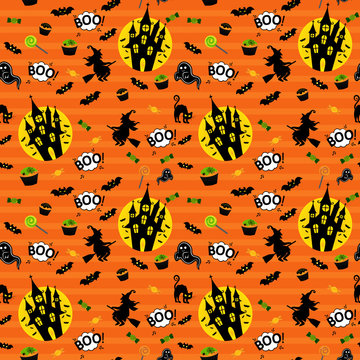 Abstract seamless pattern for girls or boys. Creative vector background with whitch, halloween. Funny wallpaper for textile and fabric. Fashion style. Colorful bright picture for children.