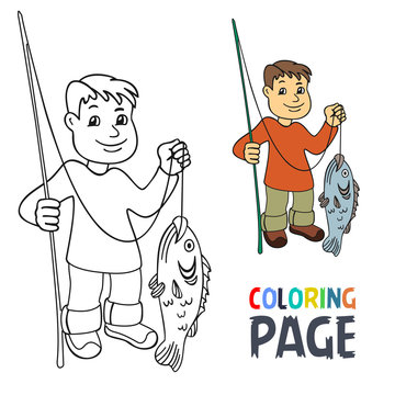 coloring page with people fishing cartoon