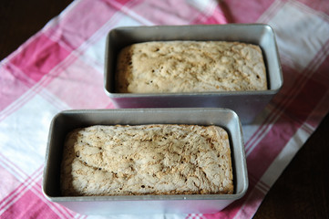 Bread on rye leaven without yeast in baking molds on a checkered tablecloth