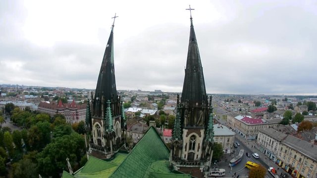 Catholic church of St. Elizabeth. View from the roof to the panorama of the city of Lviv, Ukraine.