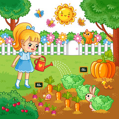 Girl is watering garden bed with vegetables. Vector illustration with farming crops in cartoon style. Agricultural work.