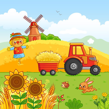 Tractor carries a hay in a cart through a meadow. Vector illustration with a farm technique in a cartoon style. It was laid out, mill and animals in the field.