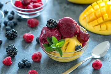 Ice cream, fruits and berries sorbet, summer dessert, sweet food, vegan sweets, blueberry, raspberry