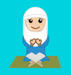Woman Praying Quran Cartoon Vector Illustration