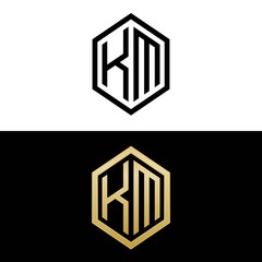 initial letters logo km black and gold monogram hexagon shape vector
