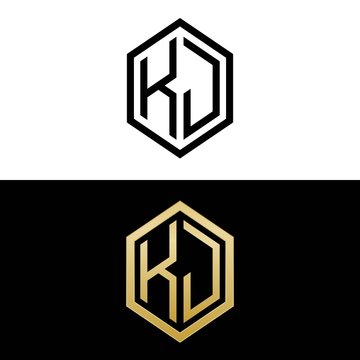 initial letters logo kj black and gold monogram hexagon shape vector