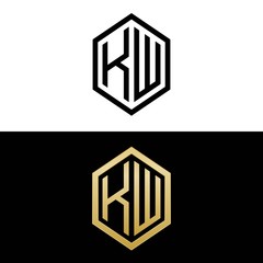 initial letters logo kw black and gold monogram hexagon shape vector