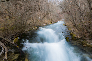 Stream in the forest on rocks with moss