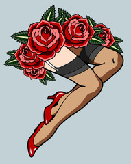 Female legs in stockings and high-heeled shoes, with red roses. Pin Up Style
