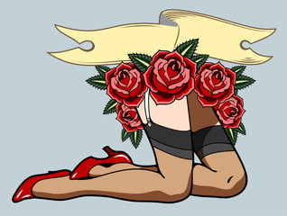 Female legs in stockings and high-heeled shoes, with red roses, banner . Pin Up Style
