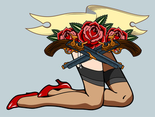 Female legs in stockings and high-heeled shoes, with red roses, banner and revolvers. Pin Up Style