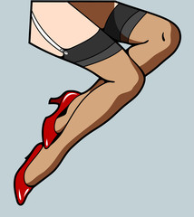 Female legs in stockings and high-heeled shoes. Pin Up Style