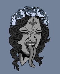 Face witch with vampire fangs, leaning long tongue, with a wreath of roses on her head