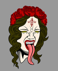 Face witch with vampire fangs, leaning long tongue, with a wreath of red roses on her head