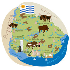 Uruguay. Vector cartoon illustration of the Uruguay map with the architecture doodle, attractions, landmark symbols. Vector illustration with all main symbols of the country.
