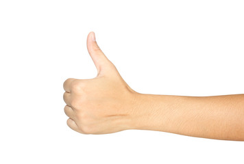 Thumb up hand sign isolated on white background. woman hand showing thumb up, like, good, approval, acceptance, okay, ok, positive hand sign