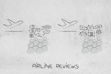 airplanes with crowd commenting positively and negatively about the airlines