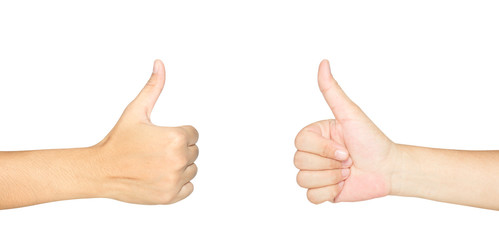 Thumb up hand sign isolated on white background. woman hand showing thumb up, like, good, approval, acceptance, okay, ok, positive hand sign