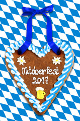 Oktoberfest Gingerbread heart 2017 on white blue bavarian flag background