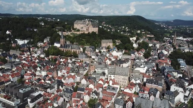 Aerial view over the old town of Marburg. Hesse, Germany