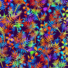 Fototapeta premium seamless pattern with brush flowers and leaves plant . Rainbow watercolor color on violet background. Hand painted grange texture. Ink forest elements. Fashion modern style. Endless fabric print.